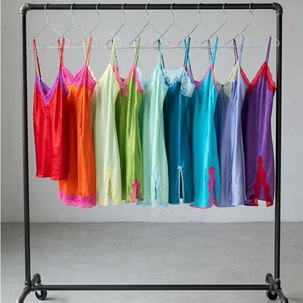 Lot of vintage color block Lace-Trim Satin Slip Dresses - Multi Colors